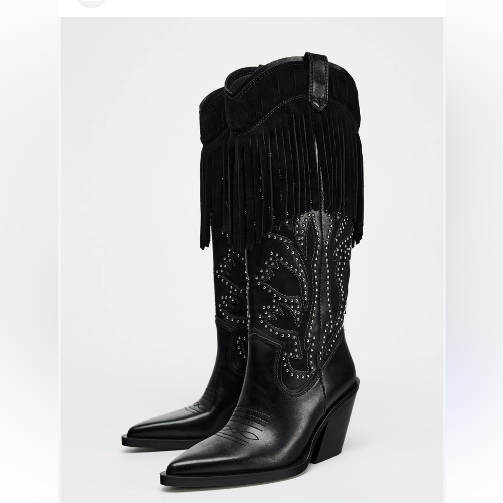 Zara NWT black heeled studded fringe wide mid calf cowboy boots 3062/410 - Picture 4 of 7